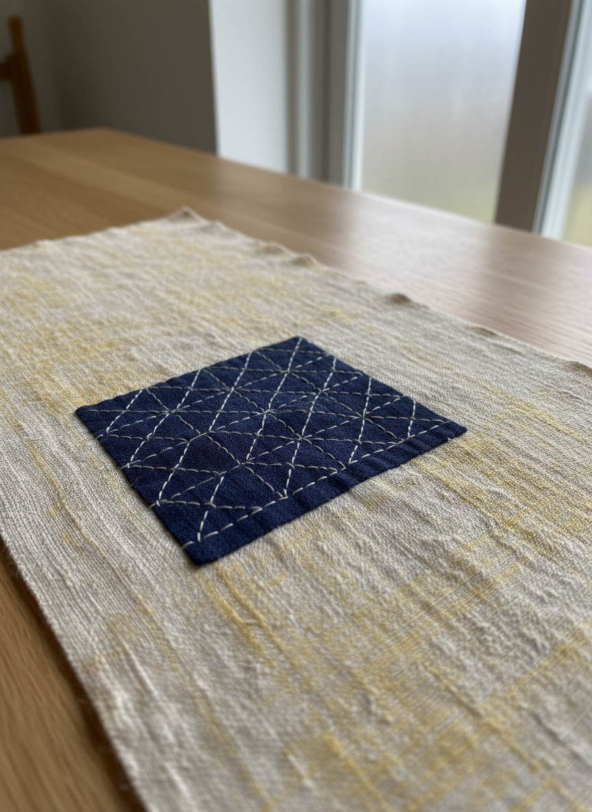 Close-up of a single, handwoven linen cloth stretched flat on a smooth, light oak workbench, showing every detail of the natural fibers. The fabric is a subtle mix of warm off-white and pale straw tones, with slightly uneven threads that speak of artisanal production. At the upper edge, a small, meticulously executed sashiko-inspired patch in deep indigo linen is stitched over a worn area, the geometric stitches forming a delicate pattern. Soft overcast window light falls from the right, revealing texture without harsh contrast and casting faint shadows into the weave. Photographed at eye level, cropped tight so the cloth fills the frame, with sharp focus on the patch and a gentle falloff toward the edges, in refined photographic realism, conveying quiet respect for repair and longevity.