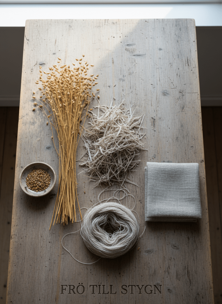 An orderly sequence of the flax-to-linen process displayed on a long, weathered wooden table, captured in photographic realism. At the far left lie flax seeds in a small ceramic dish, followed by a pile of dried flax stalks, then broken and retted straw, and finally a neatly coiled hank of pale linen fiber, ending in a square of handwoven linen fabric. The items form a gentle diagonal across the frame, shot from a bird’s eye view to emphasize the transformation. Soft morning daylight from an overhead skylight creates even illumination with barely-there shadows, highlighting subtle color shifts from warm gold to cool grey-beige. The mood is educational yet poetic, with a minimalist, museum-like presentation that emphasizes the cultural and ecological journey from frö till stygn.