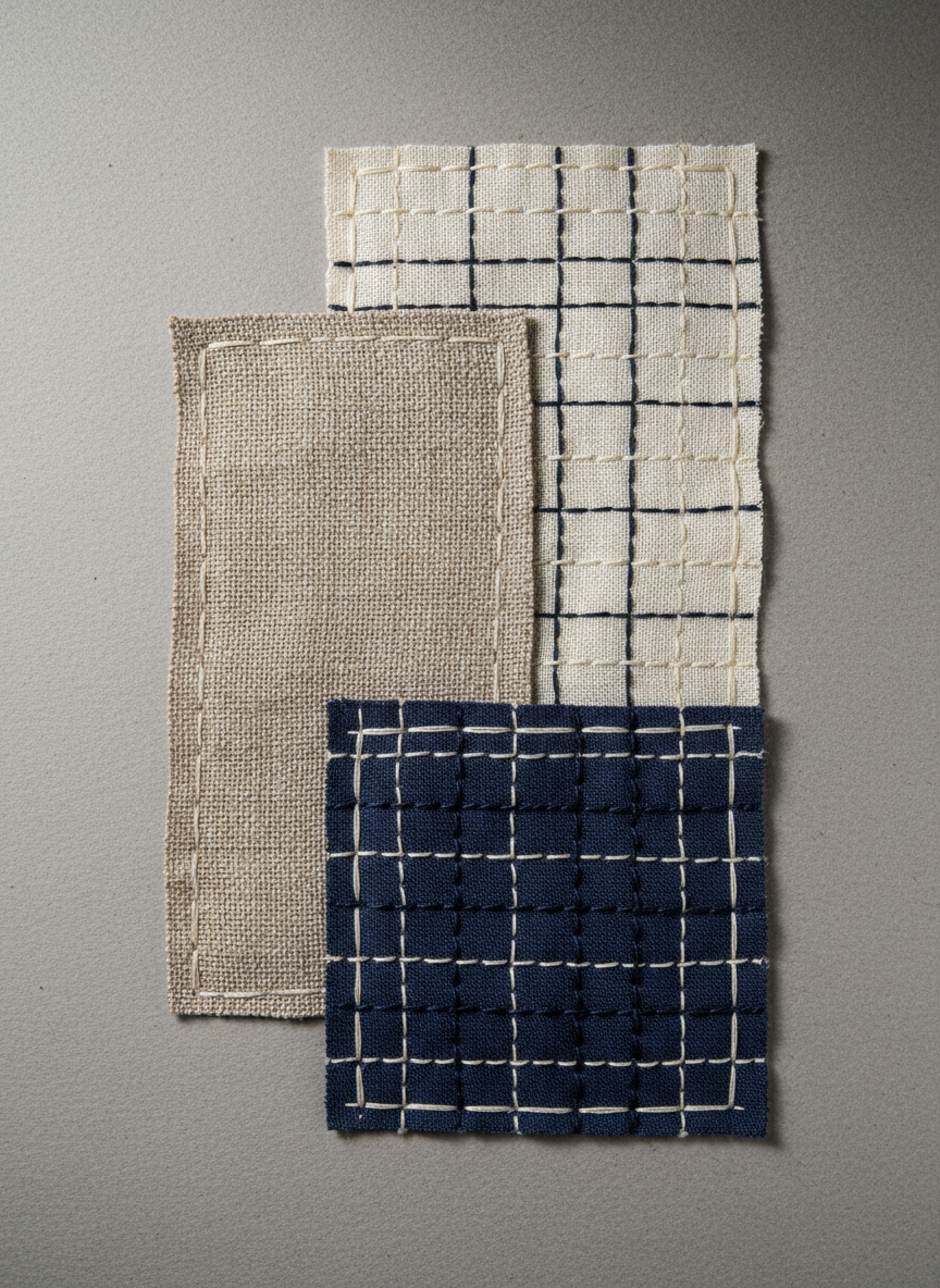 A detailed macro view of a linen patchwork sample laid flat on a neutral, paper-grey background, photographed in high-resolution realism. The patchwork consists of overlapping rectangles of different linen qualities: coarse, rustic undyed flax; finely woven ivory; and smooth, tightly woven indigo-dyed cloth. Tiny, precise running stitches in off-white and dark navy thread form visible grids and lines, echoing both Nordic and Japanese repair aesthetics. Light comes from a single diffused source above and slightly to the left, creating subtle shadows at fabric edges and highlighting the raised texture of the stitches. Shot straight down with sharp focus across the entire frame, the composition is centered and minimalist, evoking a sophisticated, museum catalog style that underscores the beauty of sustainable, thoughtful textile mending.