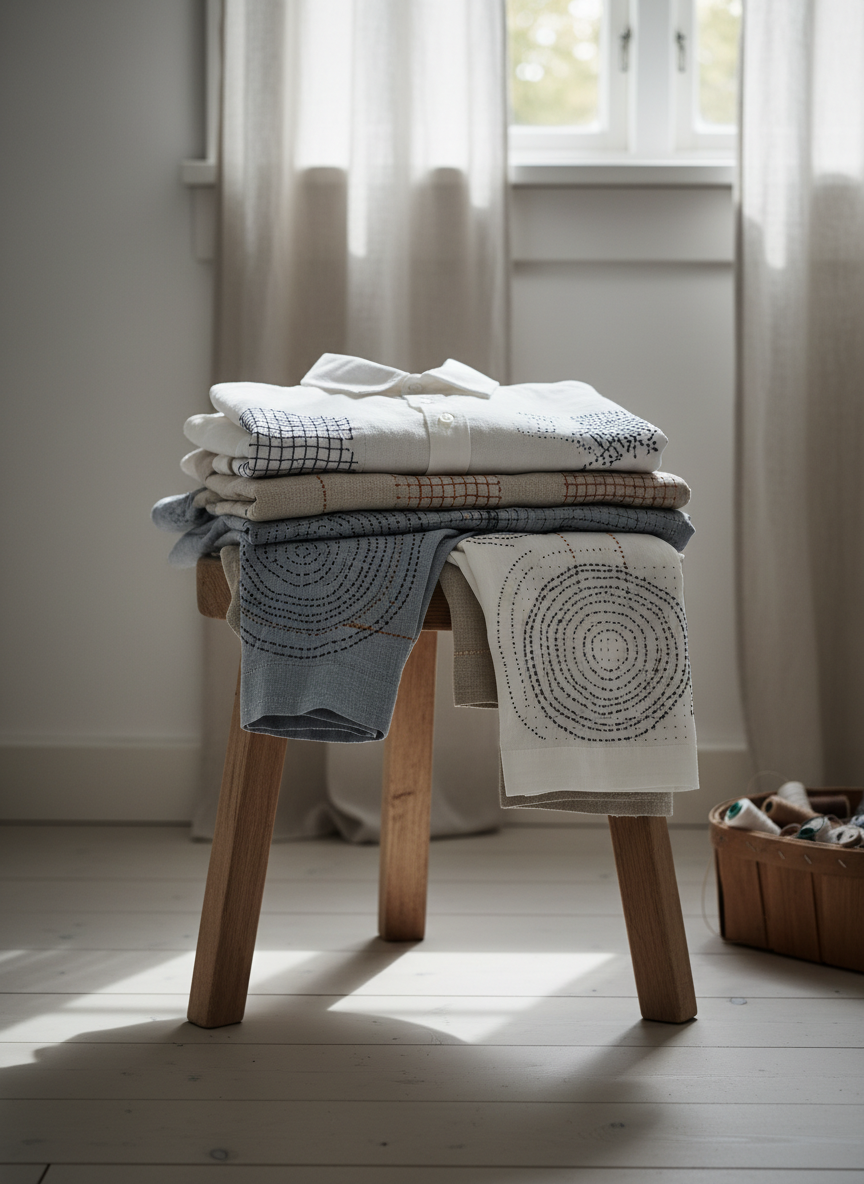 A serene domestic scene of a small mending corner, without any humans present, in photographic realism. A low, natural-wood stool supports a carefully folded stack of well-worn linen garments in soft whites, sand, and muted blue-grey, each bearing visible, artful patches inspired by Finnish and Japanese lappning traditions. Intricate running stitches and geometric patchwork in indigo and earthy browns stand out against the plain cloth. The stool stands near a whitewashed wall and a narrow window with sheer linen curtains, through which gentle afternoon light filters, casting elongated, delicate shadows on a pale wooden floor. Shot at eye level using the rule of thirds, with the stool slightly off-center and a shallow depth of field softening the background, the atmosphere feels contemplative, sophisticated, and quietly celebratory of repair and reuse.