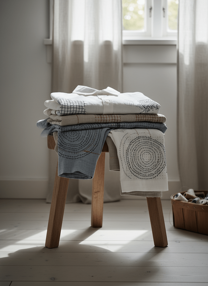 A serene domestic scene of a small mending corner, without any humans present, in photographic realism. A low, natural-wood stool supports a carefully folded stack of well-worn linen garments in soft whites, sand, and muted blue-grey, each bearing visible, artful patches inspired by Finnish and Japanese lappning traditions. Intricate running stitches and geometric patchwork in indigo and earthy browns stand out against the plain cloth. The stool stands near a whitewashed wall and a narrow window with sheer linen curtains, through which gentle afternoon light filters, casting elongated, delicate shadows on a pale wooden floor. Shot at eye level using the rule of thirds, with the stool slightly off-center and a shallow depth of field softening the background, the atmosphere feels contemplative, sophisticated, and quietly celebratory of repair and reuse.