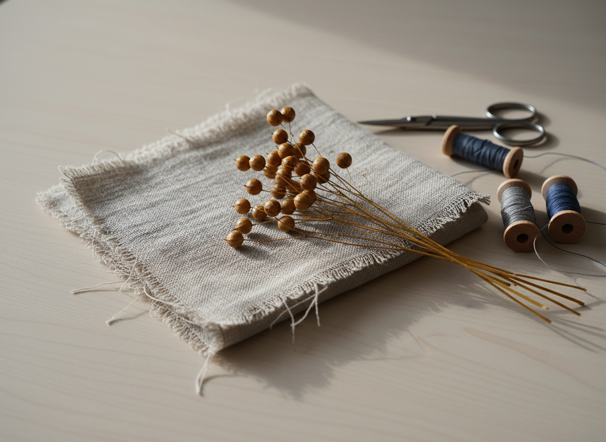 A neatly arranged still life of linen craft essentials on a pale, matte wooden tabletop. In the center lies a folded, natural flax-colored linen cloth with visible, slightly irregular weave, its edges softly frayed. Beside it, a small bundle of dried flax stalks with golden seed pods rests diagonally, contrasting with a pair of slender, steel embroidery scissors and spools of fine linen thread in muted greys and indigo. Soft, diffused daylight from an unseen window to the left creates gentle highlights in the fibers and delicate shadows. Shot from a slightly elevated, overhead-leaning angle with shallow depth of field, in photographic realism, the mood is calm, thoughtful, and sophisticated, evoking slow, sustainable Nordic textile traditions.